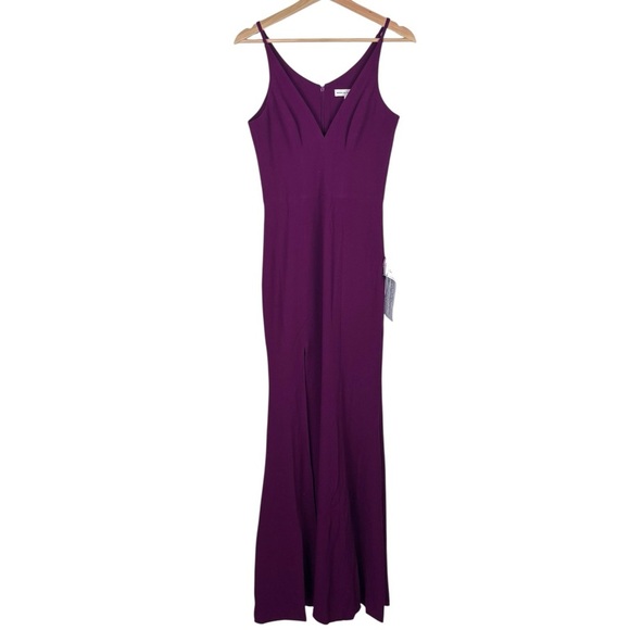 DRESS THE POPULATION IRIS DARK MAGENTA CREPE FITTED HIGH SLIT FLOOR LENGTH GOWN - Picture 4 of 14